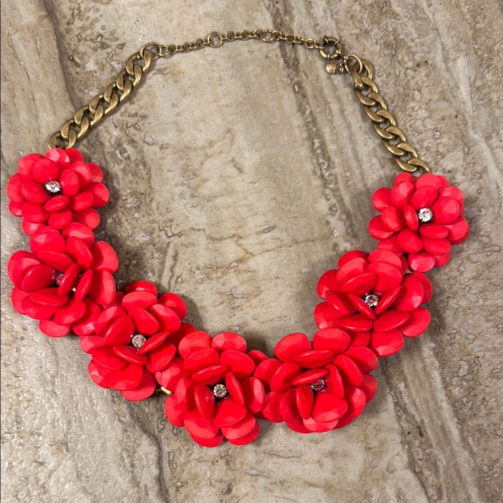 J. Crew Necklace Hot Pink 7 Flower Floral Necklace w/Rhinestone